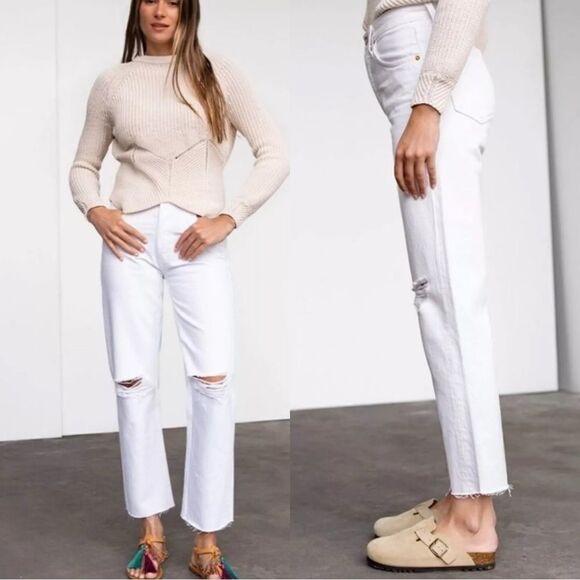 NWT RE/DONE 70s High-Rise Stove Pipe Jeans In White Destroyed - Picture 1 of 9
